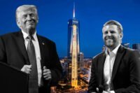 Donald Trump and Eric Trump with a rendering of the planned Trump presidential library project in downtown Miami