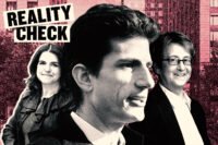 Layla Law-Gisiko, Congressional candidate Jack Schlossberg and Assembly member Deborah Glick along with a rendering of the Fulton & Elliott-Chelsea redevelopment
