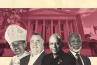 Episcopal Diocese of Pennsylvania bishop Daniel Gutiérrez, The Michaels Organization CEO Mark Morgan, Ballard Spahr's Albert S. Dandridge III and The Michaels Organization's Milton Pratt with 330 S. 13th Street