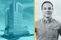 Rundog Real Estate Group's Justin Poses with rendering of two towers near the University of Texas campus