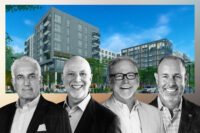Ensemble Real Estate Investments' Kam Babaoff, Michael Moskowitz and Randy McGrane and Rethink Development's Steve Edwards with a rendering of plans for at 2263 and 2303 Calle Del Mundo in Santa Clara