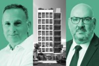 Lombardi Properties’ David Lombardi and Fox Farm Capital's Jared Brunnabend with a rendering of The Doris office project in Miami’s Wynwood