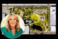 LA County supervisor Kathryn Barger and a rendering of the redevelopment of The La Brea Tar Pits and Page Museum