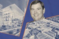 Landmark Development’s Bob Dunn with rendering of One Central and aerial of Michael Reese site
