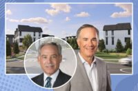 MI Homes' Robert H. Schottenstein and Habitat's Matt Fiascone with a rendering of The Bowery of Highland Park Community Entrance