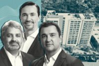 Integra Solutions’ Paulo de Tavares Melo, Victor Ballestas and Nelson Stabile with rendering of 14-story Sereno development