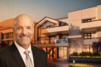 Momentum Senior Living CEO Josh Johnson with a rendering of The Marisol, a planned 214-unit assisted living facility