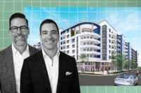 Affiliated Development’s Jeff Burns and Nick Rojo with a rendering of The Era apartment project with retail space