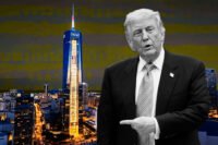 Donald Trump with a rendering of the planned Trump presidential library project in downtown Miami