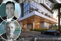 13th Floor Investments’ Arnaud Karsenti and Barings’ Mike Freno with renderings of Link at Douglas mixed-use project and of the Crescendo apartment tower
