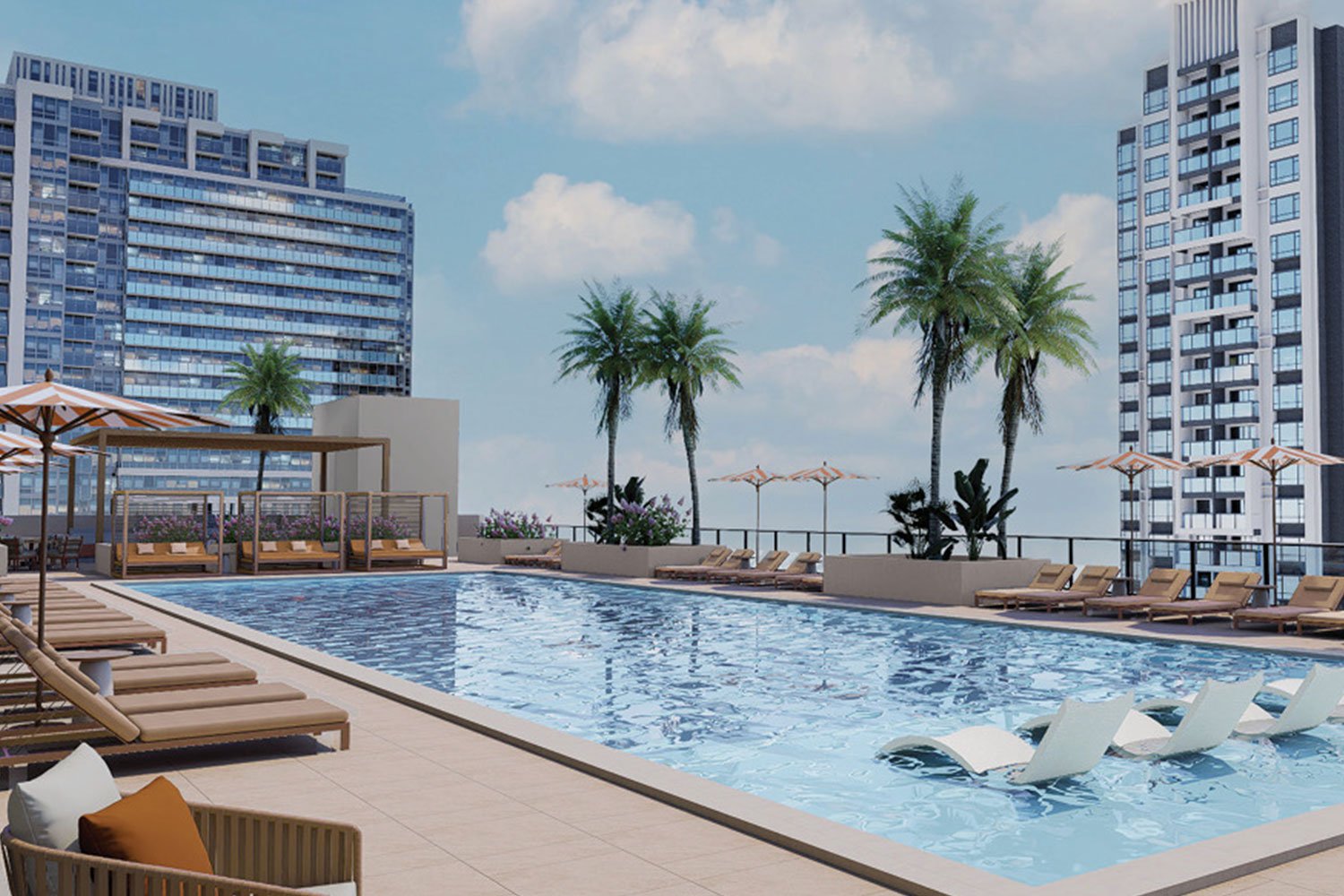 Renderings of Link at Douglas mixed-use project and of the Crescendo apartment tower