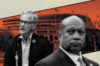 Chicago Bears' George H. McCaskey and Kevin Warren with Soldier Field