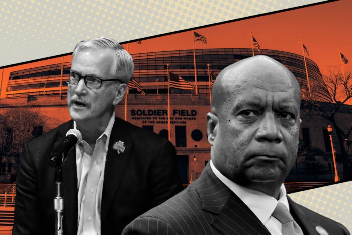 Chicago Bears' George H. McCaskey and Kevin Warren with Soldier Field