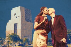 Obama Presidential Center museum tower in Jackson Park with Barack and Michelle Obama