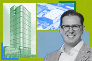 Domus' Phillip Ciaccio with rendering of 215 North Racine Avenue and aerial of 1240 West Carroll Avenue