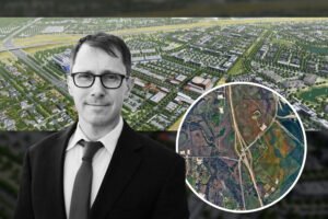Groundwork Development Partners' Steven Spears with a rendering of plans for the Tallgrass master planned community in Burleson, TX