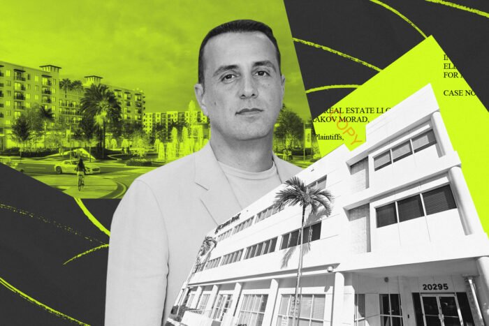BH Group's Isaac Toledano with rendering of Southplace City Center project and streetview of 20295 Northeast 29th Place