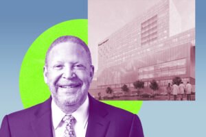Kaiser Permanente CEO Greg Adams with renderings of the hospital