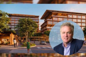 Lane Partners' Scott Smithers and a rendering of plans for 333 Ravenswood Avenue, Menlo Park