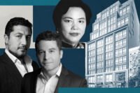 Attorneys Leo Jacobs and Adam Sherman and Lucia Chen with rendering of 335 West 35th Street