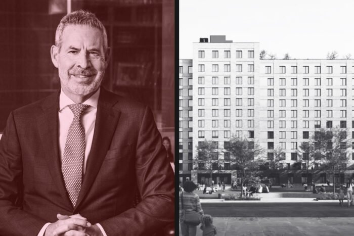 Gotham Organization CEO David Picket with rendering of 12030-12040 Flatlands Avenue/395 Louisiana Avenue