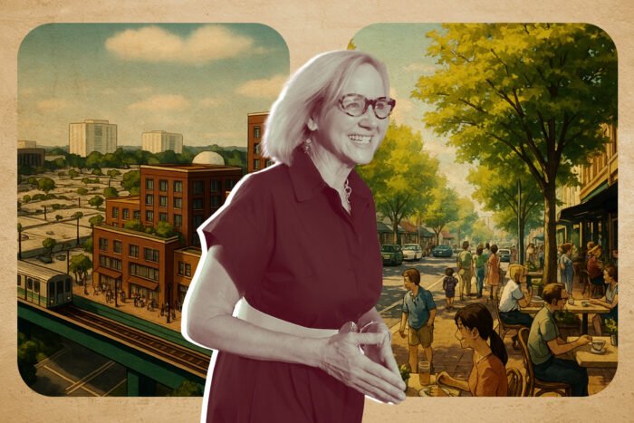 Miami mayor Eileen Higgins and renderings of the redevelopment plan for Allapattah