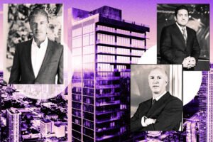 Michael Simkins, Marc Roberts and Dennis DeGori with a rendering of 20 Northeast 11th Street in Miami