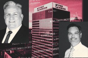 Guy Rabideau and David Klein with the First Horizon Bank building at 180 Royal Palm Way in Palm Beach