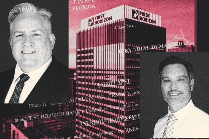 Guy Rabideau and David Klein with the First Horizon Bank building at 180 Royal Palm Way in Palm Beach