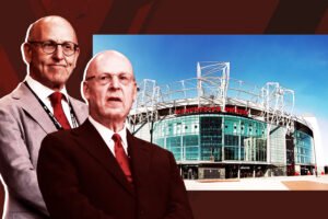 Manchester United executive co-chairs Joel and Avram Glazer with Old Trafford stadium in Manchester UK