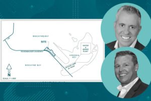 RCI Marine's Robert Christoph, Jr. and Suntex Marine's Bryan Redmond with plans for the Virginia Key marina redevelopment