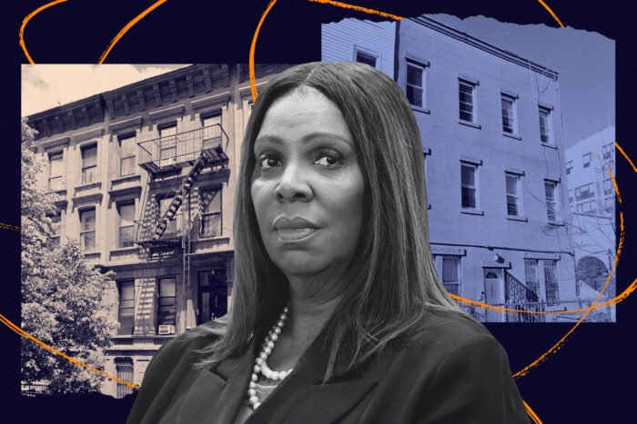 Attorney General Letitia James in front 1075 Dean Street and 134 Sackman Street