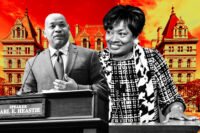Assembly Speaker Carl Heastie and Senate Majority Leader Andrea Stewart-Cousins with the State Capitol Building