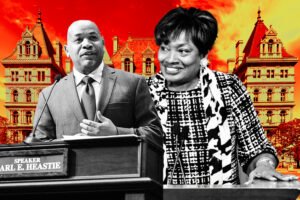 Assembly Speaker Carl Heastie and Senate Majority Leader Andrea Stewart-Cousins with the State Capitol Building