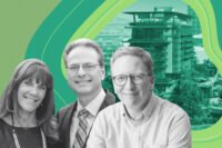 Henry and Susan Samueli and Kiln’s Arian Lewis with rendering of OCVibe development