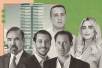 Related's Jorge Pérez, Jon Paul and Nick Pérez, and BH Group's Isaac and Liat Toledano with rendering of Rosewood Residences