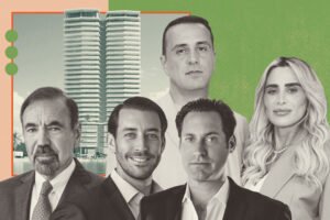 Related's Jorge Pérez, Jon Paul and Nick Pérez, and BH Group's Isaac and Liat Toledano with rendering of Rosewood Residences