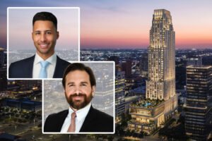 Deiso Moss' Taylor Moss and Andrew Deiso with a rendering of 2120 Post Oak Road, Houston