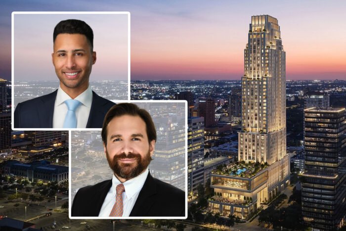 Deiso Moss' Taylor Moss and Andrew Deiso with a rendering of 2120 Post Oak Road, Houston