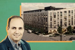Alexandria CEO Peter Moglia with rendering of eight-story apartment building, replacing a bioscience facility in Lower Queen Anne