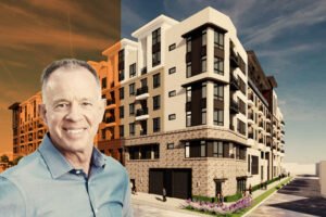 McLellan Companies' Steve McKibben with rendering of 4095 Pacific Boulevard