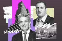 Jeffrey Soffer, Michael Stern and a rendering of the Mercedes-Benz Miami condo project