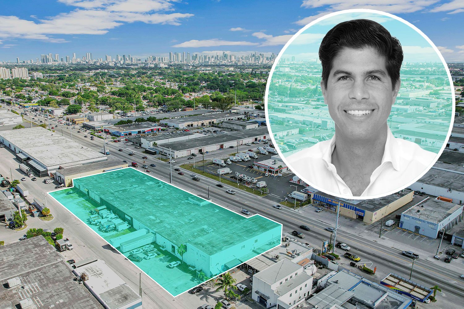 Gridline Properties' Alfredo Riascos and a warehouse in East Hialeah, part of the 10-building industrial portfolio