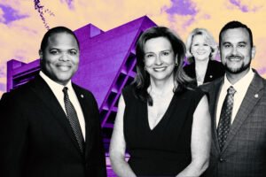 Dallas Mayor Eric Johnson; Paula Blackmon, Cara Mendelsohn and Adam Bazaldua with Dallas City Hall at 1500 Marilla Street