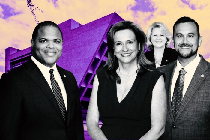 Dallas Mayor Eric Johnson; Paula Blackmon, Cara Mendelsohn and Adam Bazaldua with Dallas City Hall at 1500 Marilla Street