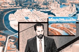 Fort Worth Economic Development Manager Michael Hennig with a rendering of the planned Panther Island project and an aerial view of the current site