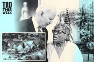 Joe Biden and Opal Lee with renderings of the National Juneteenth Museum in Fort Worth