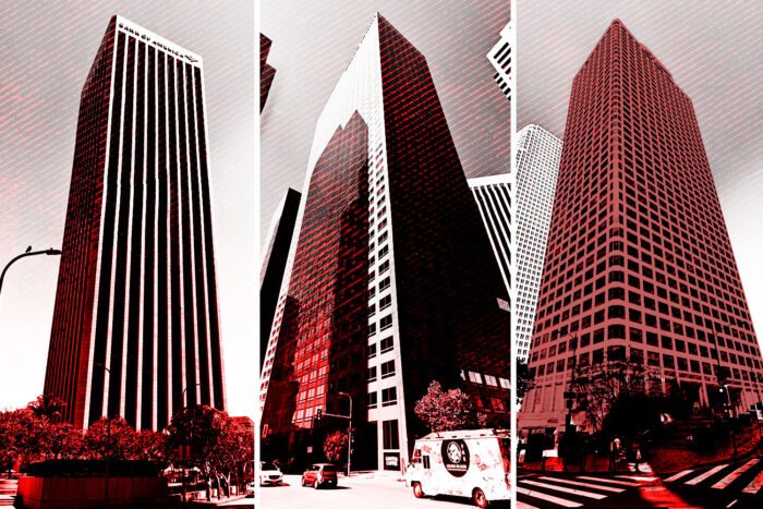 Bank of America Plaza, Wells Fargo Center and EY Plaza in Downtown Los Angeles