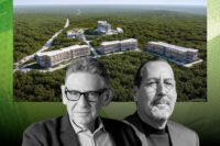 Universal’s Sir Lucian Grainge and White Rocks’ Chris Milam with a rendering for the overall White Rocks development