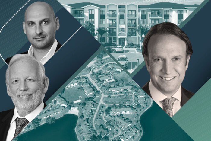 Waterton’s David Schwartz with The Landings at Pembroke Lake Apartments and Bar Invest Group chairman Jacques Barbera and CEO Herve Barbera with a rendering of NUVO Delray Beach
